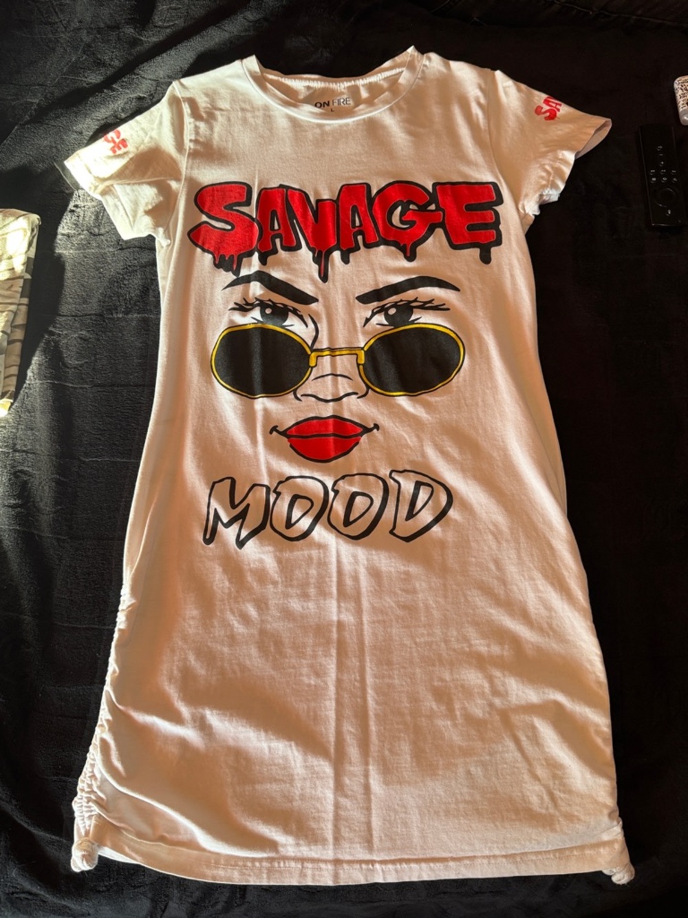 On Fire White Tee Dress with Red, Black & Yellow Graphic